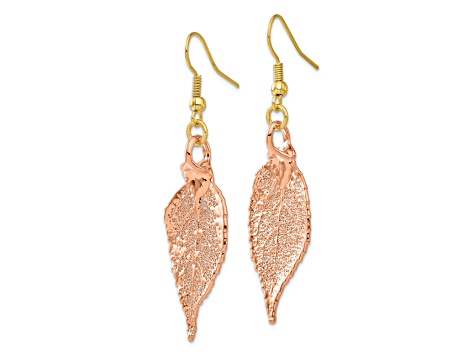 Copper Dipped Evergreen Leaf Gold Tone Shepherd Hook Earrings