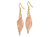 Copper Dipped Evergreen Leaf Gold Tone Shepherd Hook Earrings