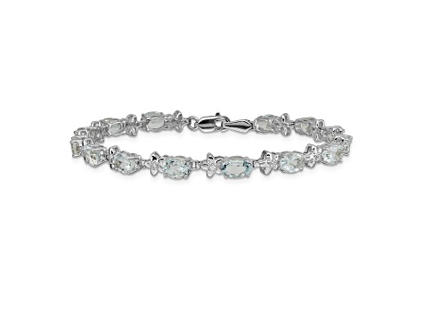 Rhodium Over 14k White Gold Floral Diamond and Aquamarine Bracelet