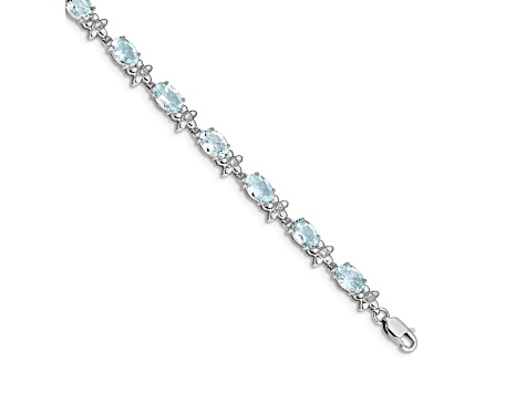 Rhodium Over 14k White Gold Floral Diamond and Aquamarine Bracelet