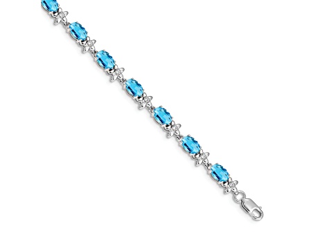 Rhodium Over 14k White Gold Floral Diamond and Blue Topaz Bracelet