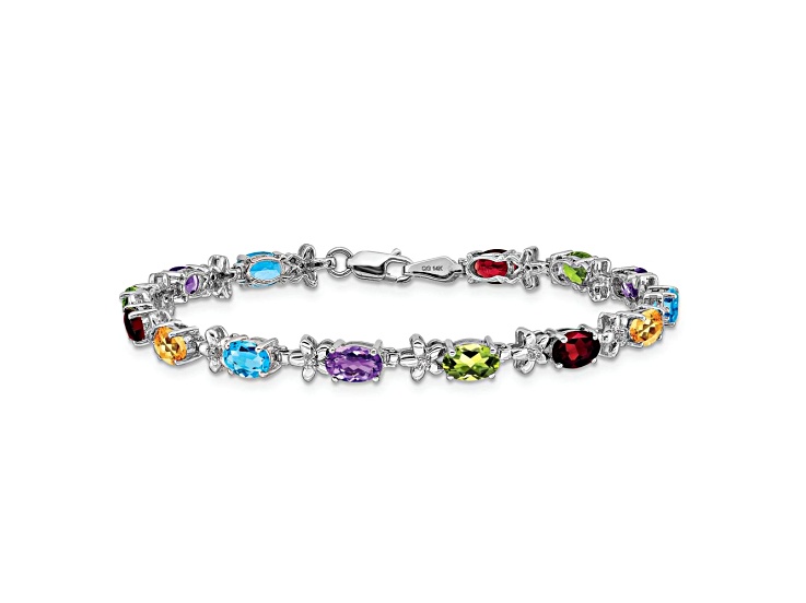 Rhodium Over 14k White Gold Rainbow Floral Gemstone and