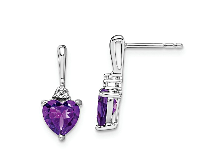 Rhodium Over 10k White Gold 1.5ctw Amethyst February Birthstone and Diamond Heart Dangle Earrings