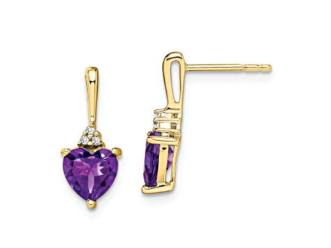 10k Yellow Gold 1.5ctw Amethyst February Birthstone and Diamond Heart Dangle Earrings