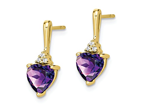 10k Yellow Gold 1.5ctw Amethyst February Birthstone and Diamond Heart Dangle Earrings