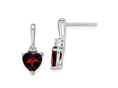 Rhodium Over 10k White Gold 1.5ctw Garnet January Birthstone and Diamond Heart Dangle Earrings