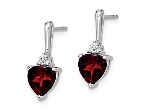 Rhodium Over 10k White Gold 1.5ctw Garnet January Birthstone and Diamond Heart Dangle Earrings