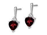 Rhodium Over 10k White Gold 1.5ctw Garnet January Birthstone and Diamond Heart Dangle Earrings