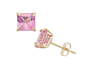 Lab Created Pink Sapphire Princess Cut 10K Yellow Gold Stud Earrings, 2.3ctw