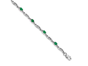 Rhodium Over 10k White Gold Diamond and Green Emerald Bracelet