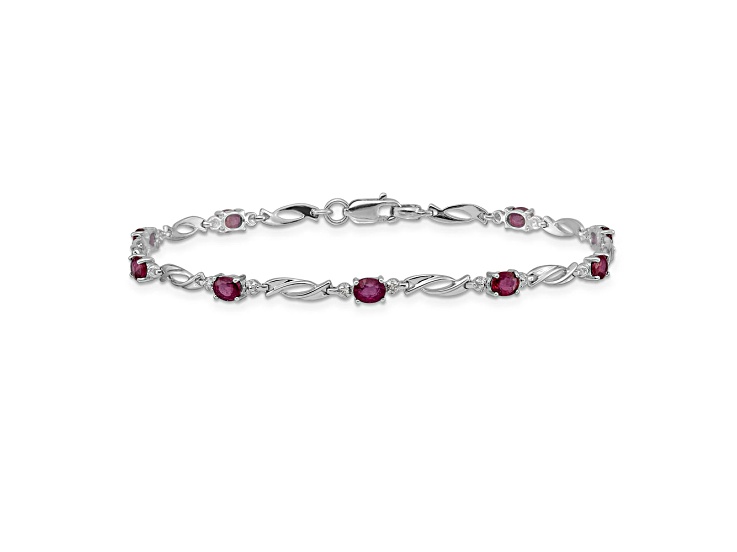 Rhodium Over 10k White Gold Diamond and Red Ruby Bracelet