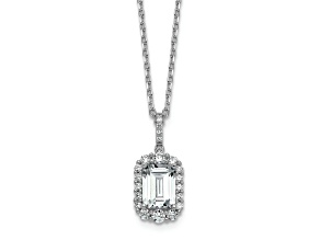 Rhodium Over Sterling Silver Fancy Emerald-cut Cubic Zirconia Halo With 2 Inch Extension Necklace