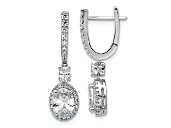 Picture of Rhodium Over Sterling Silver Fancy Oval Cubic Zirconia Halo Hinged Dangle Earrings