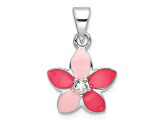 Rhodium Over Sterling Silver Pink Enamel and Cubic Zirconia Flower Children's Pendant