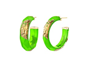 14K Yellow Gold Over Sterling Silver Gold Leaf Faceted Medium Neon Green Lucite Hoops