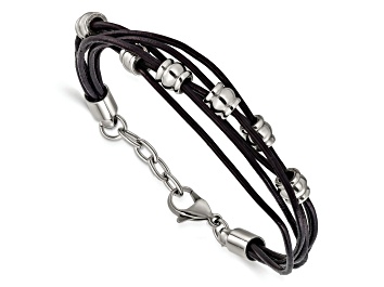 Picture of Black Leather and Stainless Steel Polished Beaded Multi-Strand with 0.75-inch Extension Bracelet