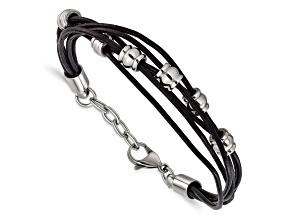 Black Leather and Stainless Steel Polished Beaded Multi-Strand with 0.75-inch Extension Bracelet