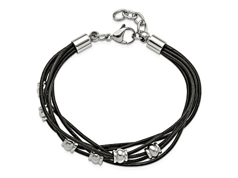 Black Leather and Stainless Steel Polished Beaded Multi-Strand with 0.75-inch Extension Bracelet