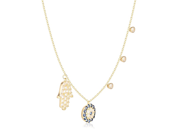Blue Sapphire and White Topaz Rhodium Over Sterling Silver Layering Evil Eye and Hamsa Necklace