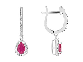 6x4mm Pear Shape Ruby 1/3 ctw Diamond Rhodium Over Sterling Silver Halo Dangle Earrings