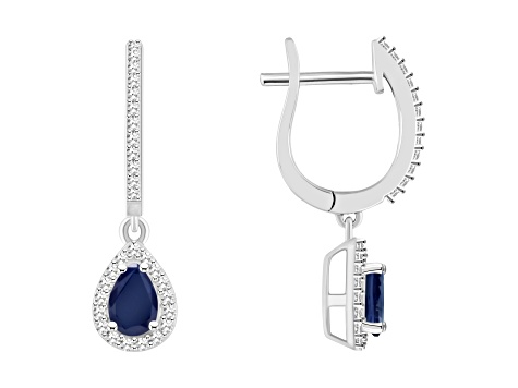 6x4mm Pear Shape Sapphire 1/3 ctw Diamond Rhodium Over Sterling Silver Dangle Halo Earrings