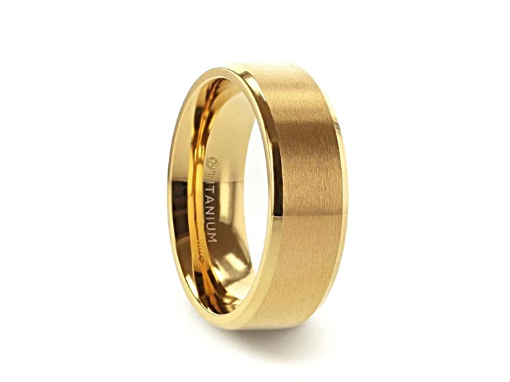 RADIATE Gold-Plated Titanium Flat Brushed Center Men's Wedding Ring With Beveled Polished Edges 8mm