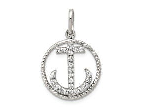 Rhodium Over Sterling Silver Polished Cubic Zirconia Anchor Pendant