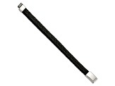 Black Woven Leather and Stainless Steel Polished 8.5-inch Bracelet