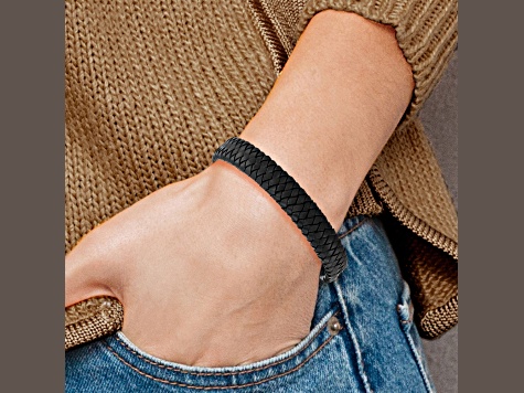 Black Woven Leather and Stainless Steel Polished 8.5-inch Bracelet