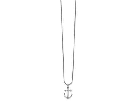Rhodium Over Sterling Silver White Ice Diamond Anchor Necklace