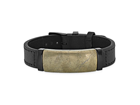 Black Leather and Stainless Steel Black IP-plated Chalcopyrite Bracelet