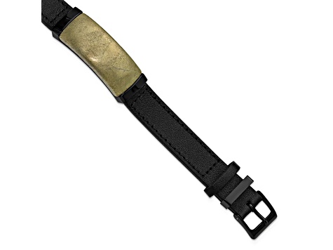 Black Leather and Stainless Steel Black IP-plated Chalcopyrite Bracelet