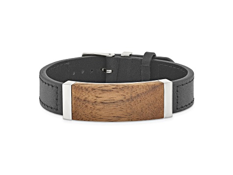 Black Leather and Stainless Steel Walnut Wood Bracelet
