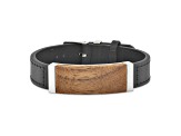 Black Leather and Stainless Steel Walnut Wood Bracelet