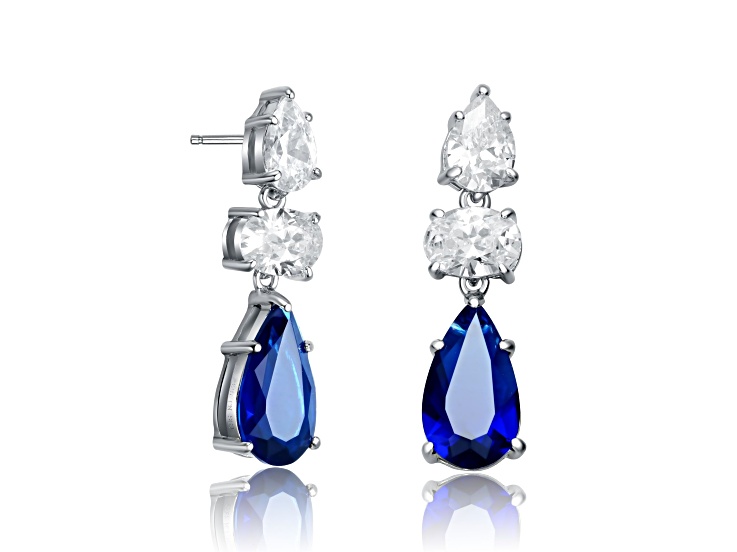 Sapphire Cubic Zirconia, Rhodium Plated over Sterling Silver Drop Earrings