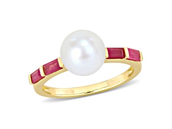 Picture of 8-8.5MM Freshwater Cultured Pearl and 3/4 CT TGW Ruby Ring in 10K Yellow Gold