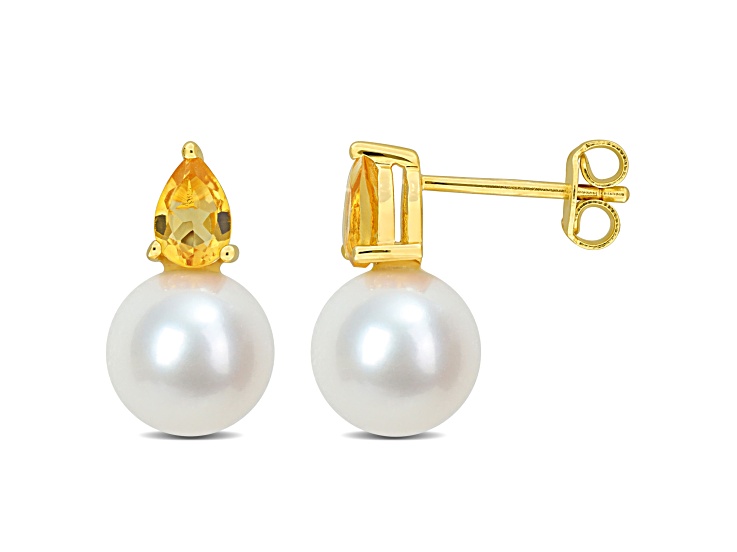 8.5-9MM FW Cultured Pearl and 3/4 CT TGW Citrine Stud Earrings in