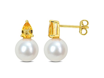 Picture of 8.5-9MM FW Cultured Pearl and 3/4 CT TGW Citrine Stud Earrings in Yellow Plated Sterling Silver