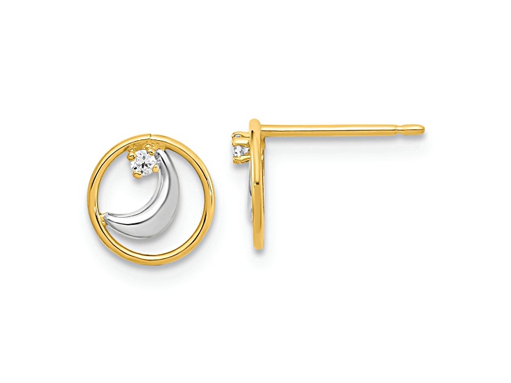14k Two-tone Gold 7.75mm Cubic Zirconia Half Moon in Circle Earrings