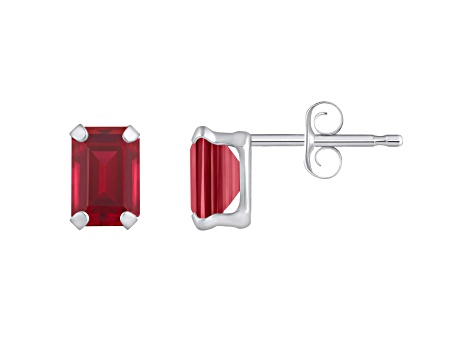 6x4mm Emerald Cut Created Ruby Rhodium Over 10k White Gold Stud Earrings