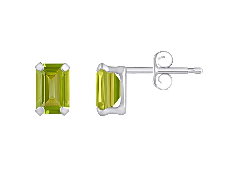 6x4mm Emerald Cut Peridot Rhodium Over 10k White Gold Stud Earrings