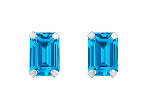 6x4mm Emerald Cut Blue Topaz Rhodium Over 10k White Gold Stud Earrings
