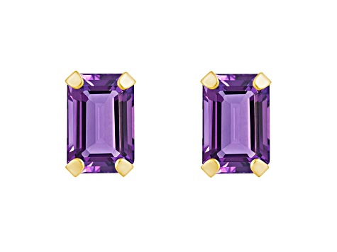 6x4mm Emerald Cut Amethyst 10k Yellow Gold Stud Earrings