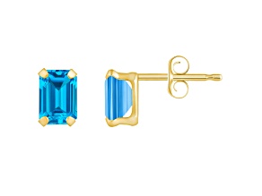 6x4mm Emerald Cut Blue Topaz 10k Yellow Gold Stud Earrings