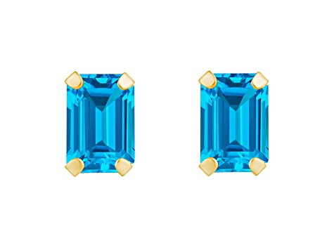 6x4mm Emerald Cut Blue Topaz 10k Yellow Gold Stud Earrings