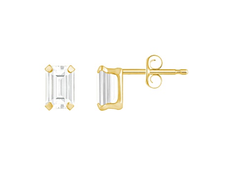 6x4mm Emerald Cut White Topaz 10k Yellow Gold Stud Earrings