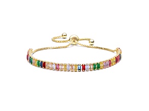 Multi-Colored Cubic Zirconia, 14K Gold Plated over Brass Adjustable Bolo Clasp Bracelet