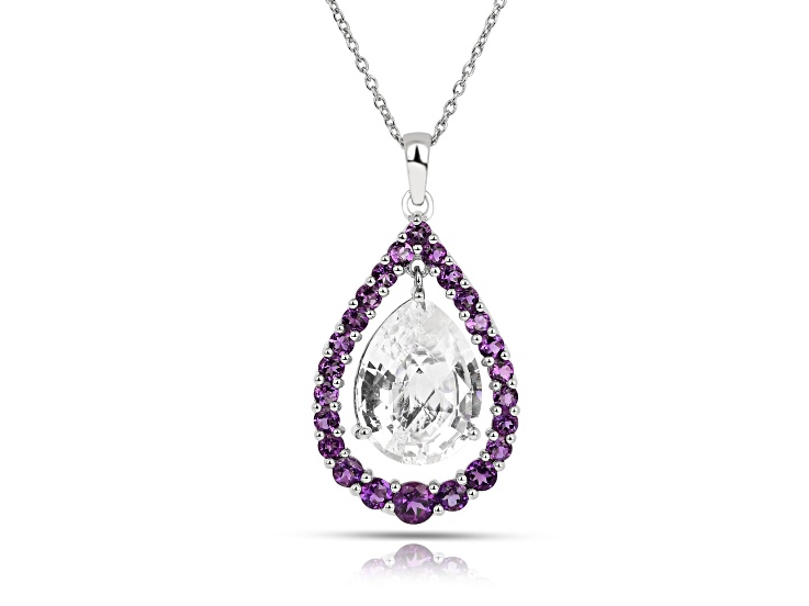 White Topaz Teardrop Pendant with Amethyst Halo Rhodium Over Sterling Silver Pendant with chain