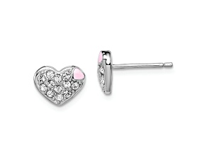 Rhodium Over Sterling Silver Enamel and Crystal Heart Post Earrings