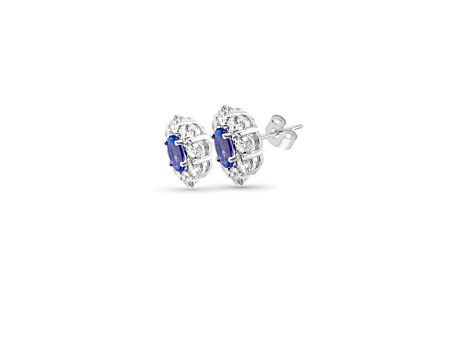 Round Tanzanite and CZ Rhodium Over Sterling Silver Earrings, 0.90ctw